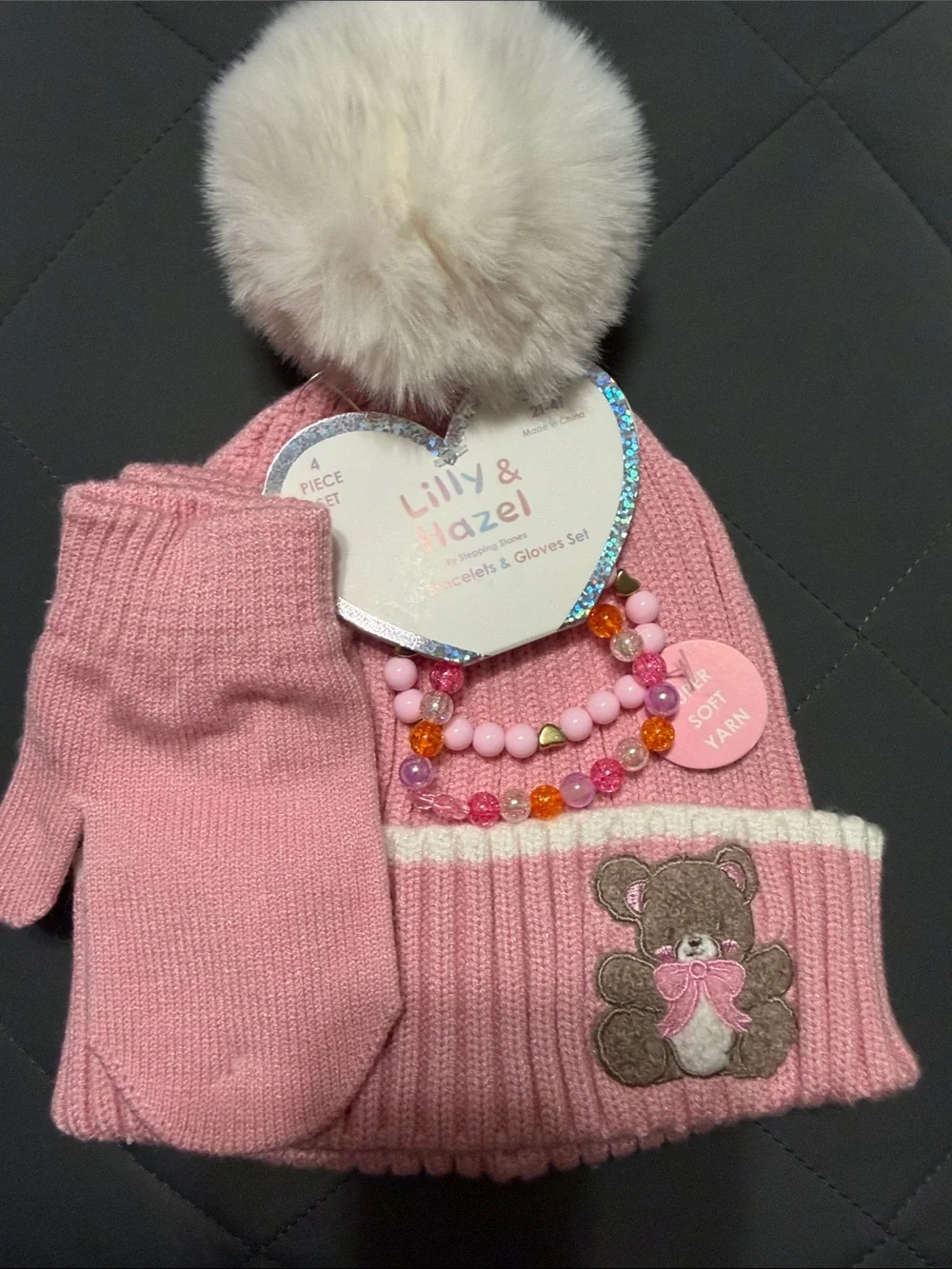 Lilly & Hazel Pink Pom Pom Hat, Mittens & Bracelet Set